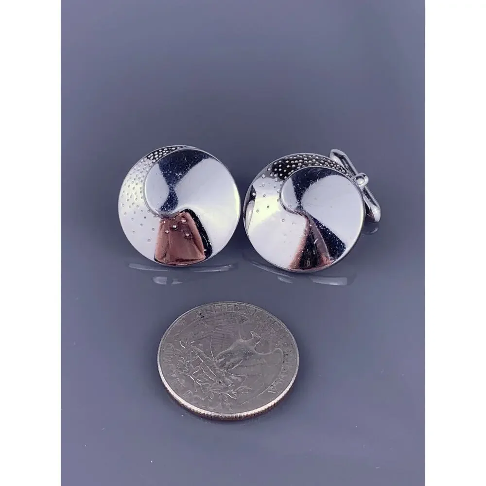 Simple Swirl Dots Round Cufflinks Silver Tone Swank 80’s Retro Formal Vintage